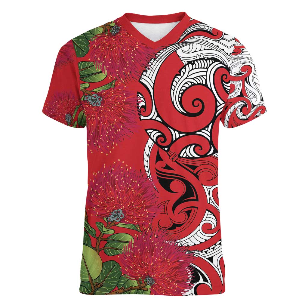 Personalised New Zealand Koru Pohutukawa Women V-Neck T-Shirt Meri Kirihimete Aroha for Christmas - Polynesian Pride