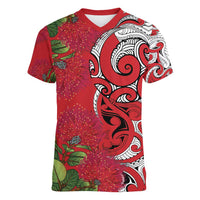 Personalised New Zealand Koru Pohutukawa Women V-Neck T-Shirt Meri Kirihimete Aroha for Christmas LT9 Female Red - Polynesian Pride