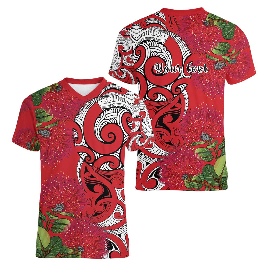Personalised New Zealand Koru Pohutukawa Women V-Neck T-Shirt Meri Kirihimete Aroha for Christmas LT9 - Polynesian Pride