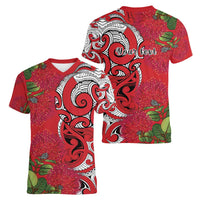 Personalised New Zealand Koru Pohutukawa Women V-Neck T-Shirt Meri Kirihimete Aroha for Christmas LT9 - Polynesian Pride