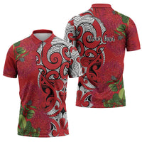 Personalised New Zealand Koru Pohutukawa Zipper Polo Shirt Meri Kirihimete Aroha for Christmas - Polynesian Pride