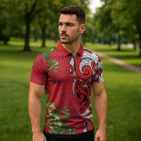 Personalised New Zealand Koru Pohutukawa Zipper Polo Shirt Meri Kirihimete Aroha for Christmas - Polynesian Pride