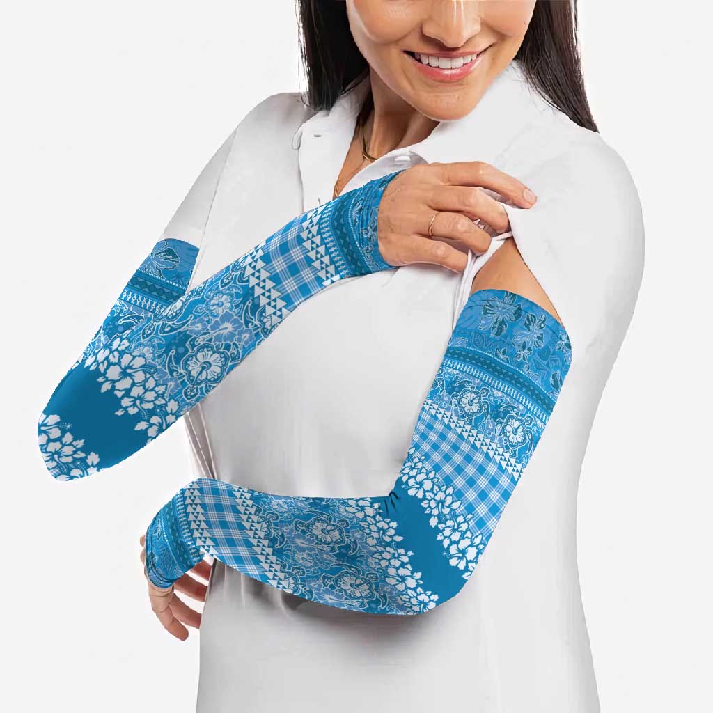 Hawaiian Hibiscus Honu Arm Sleeves Blue Mele Kalikimaka Palaka Spirit - Polynesian Pride