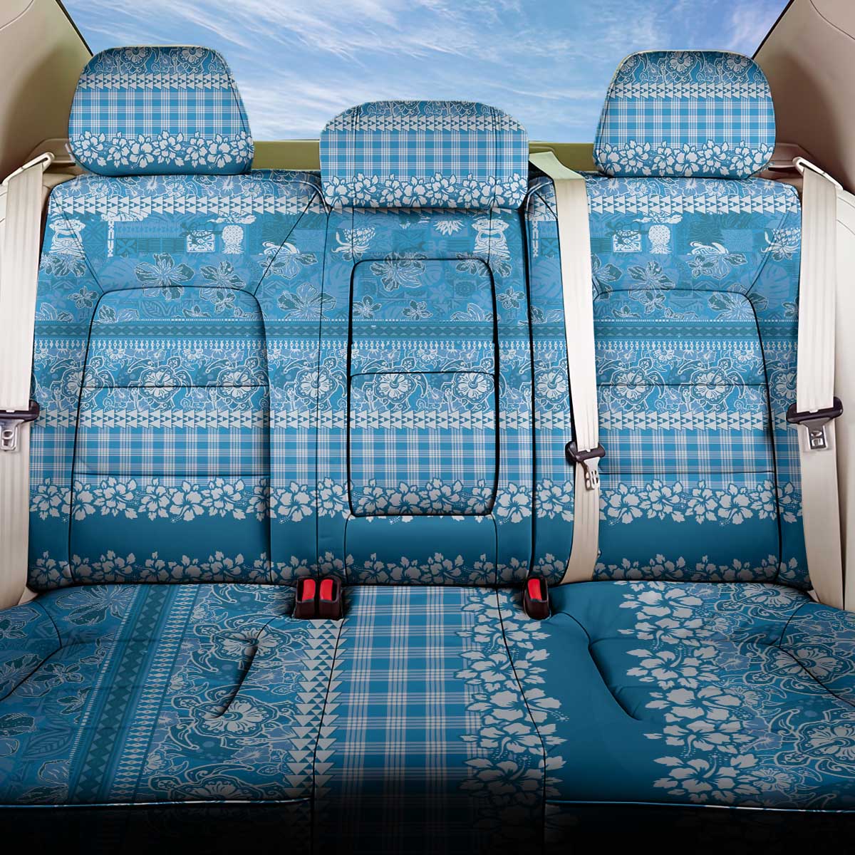 Hawaiian Hibiscus Honu Back Car Seat Cover Blue Mele Kalikimaka Palaka Spirit LT9 One Size Blue - Polynesian Pride