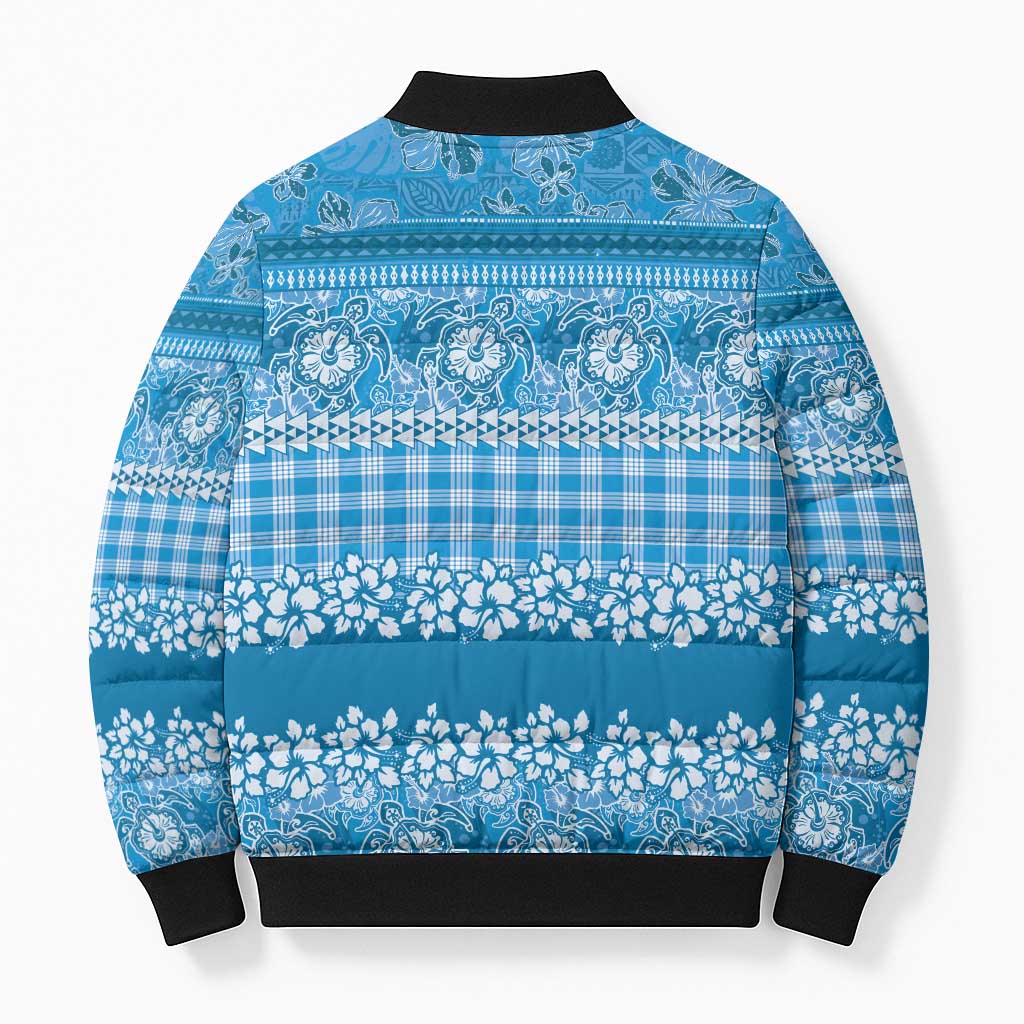 Hawaiian Hibiscus Honu Bomber Puffer Jacket Blue Mele Kalikimaka Palaka Spirit - Polynesian Pride