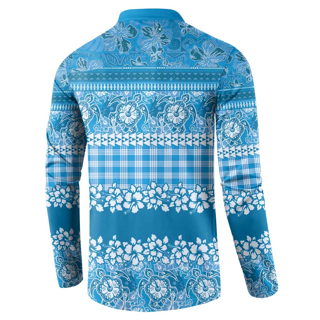 Hawaiian Hibiscus Honu Button Sweatshirt Blue Mele Kalikimaka Palaka Spirit LT9 - Polynesian Pride