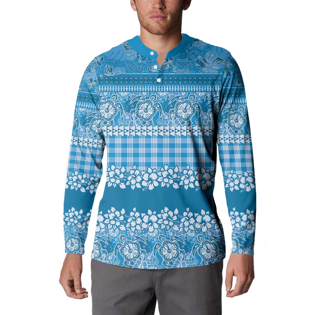Hawaiian Hibiscus Honu Button Sweatshirt Blue Mele Kalikimaka Palaka Spirit LT9 - Polynesian Pride