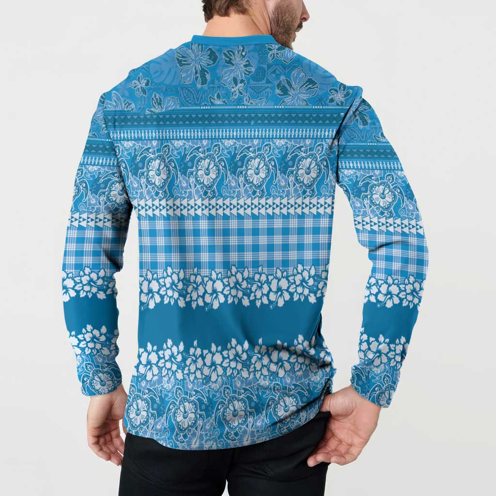 Hawaiian Hibiscus Honu Button Sweatshirt Blue Mele Kalikimaka Palaka Spirit LT9 - Polynesian Pride
