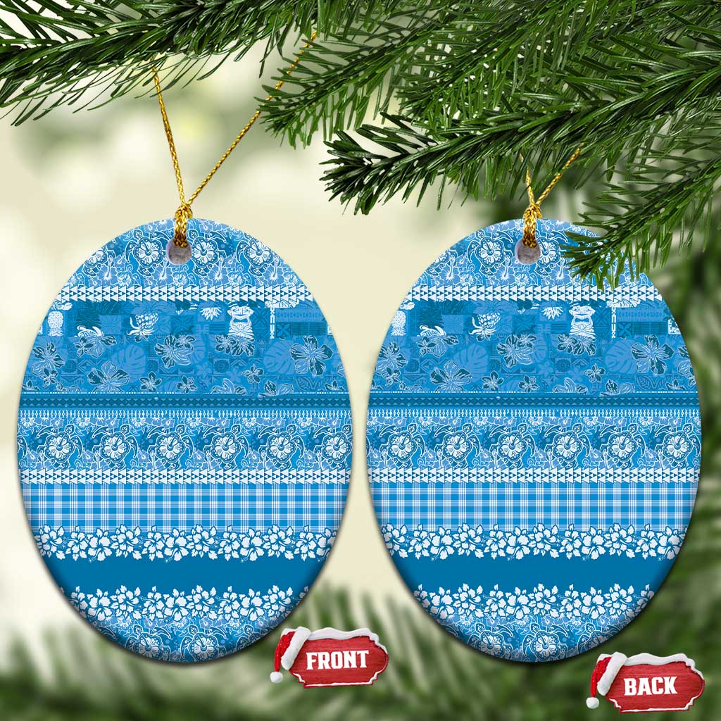 Hawaiian Hibiscus Honu Ceramic Ornament Blue Mele Kalikimaka Palaka Spirit LT9 Oval Blue - Polynesian Pride