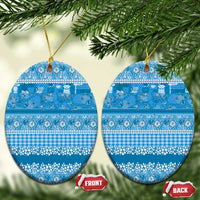 Hawaiian Hibiscus Honu Ceramic Ornament Blue Mele Kalikimaka Palaka Spirit LT9 Oval Blue - Polynesian Pride
