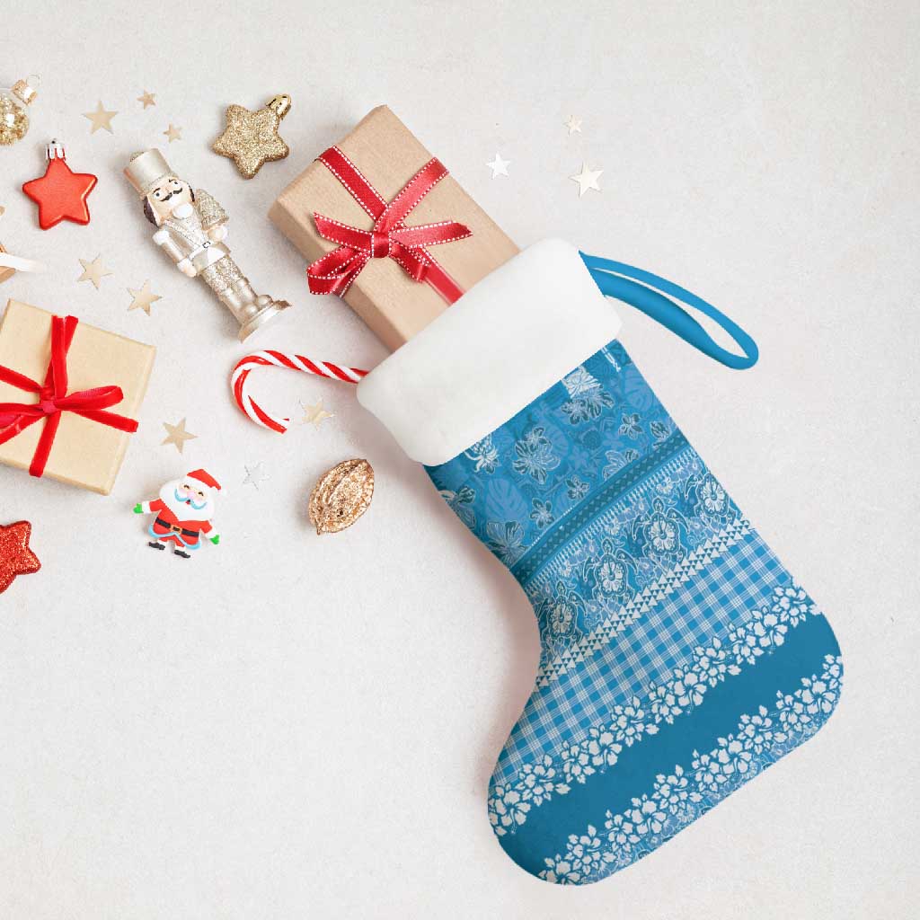 Hawaiian Hibiscus Honu Christmas Stocking Blue Mele Kalikimaka Palaka Spirit - Polynesian Pride