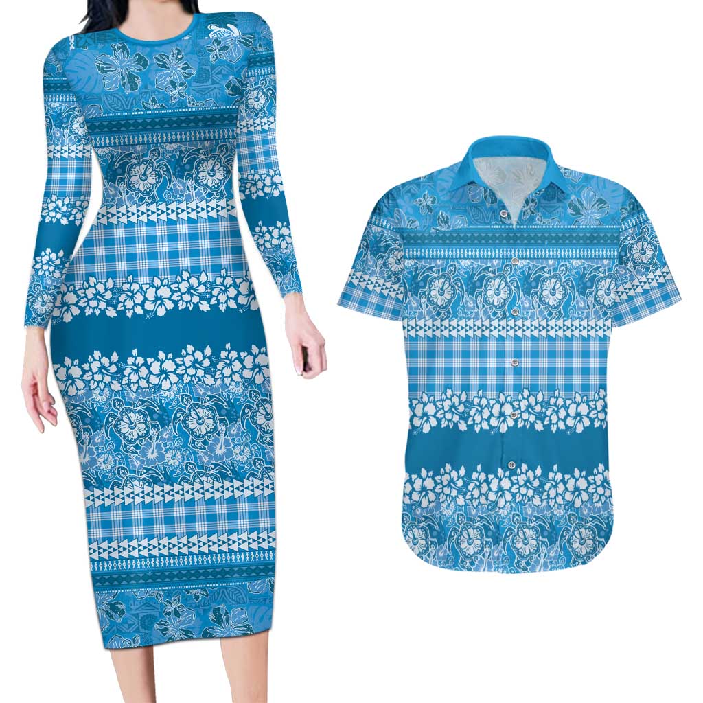 Hawaiian Hibiscus Honu Couples Matching Long Sleeve Bodycon Dress and Hawaiian Shirt Blue Mele Kalikimaka Palaka Spirit LT9 Blue - Polynesian Pride