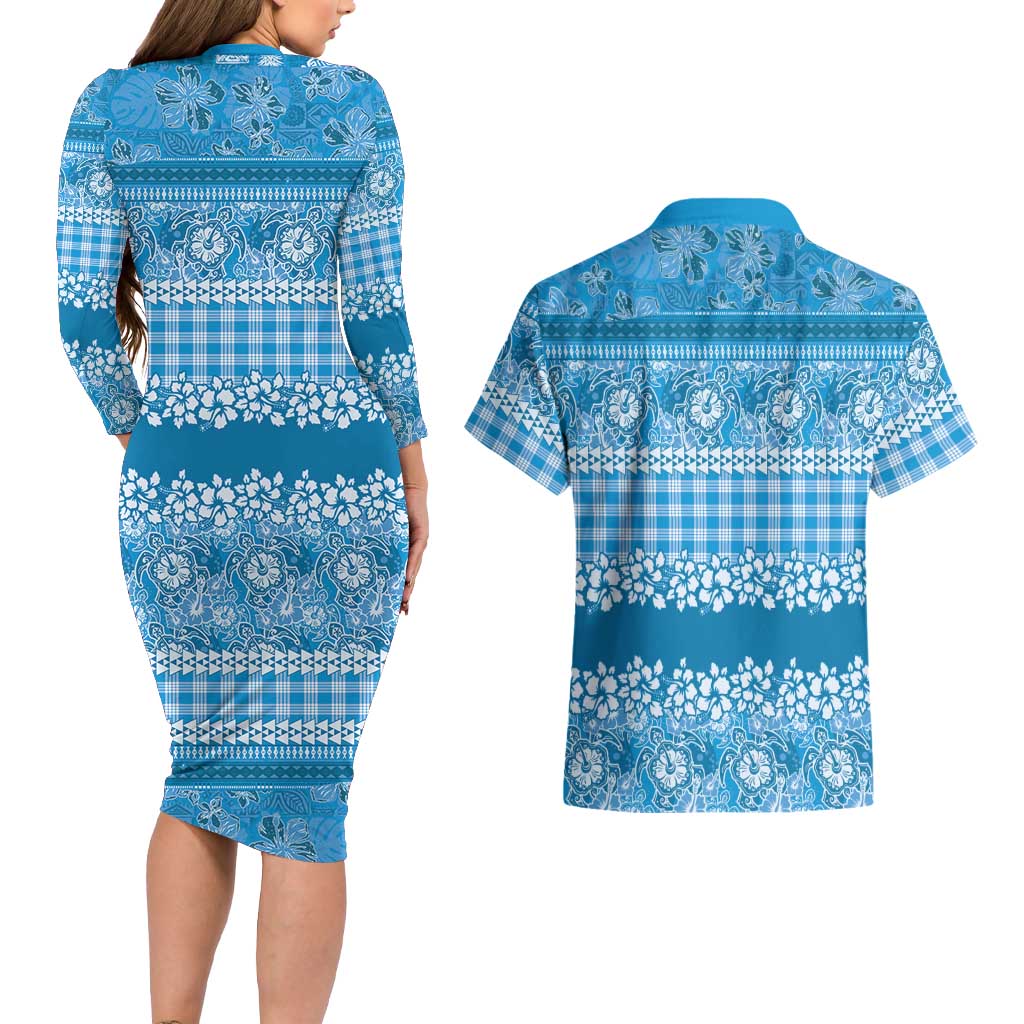 Hawaiian Hibiscus Honu Couples Matching Long Sleeve Bodycon Dress and Hawaiian Shirt Blue Mele Kalikimaka Palaka Spirit LT9 - Polynesian Pride