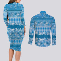 Hawaiian Hibiscus Honu Couples Matching Long Sleeve Bodycon Dress and Long Sleeve Button Shirt Blue Mele Kalikimaka Palaka Spirit LT9 - Polynesian Pride