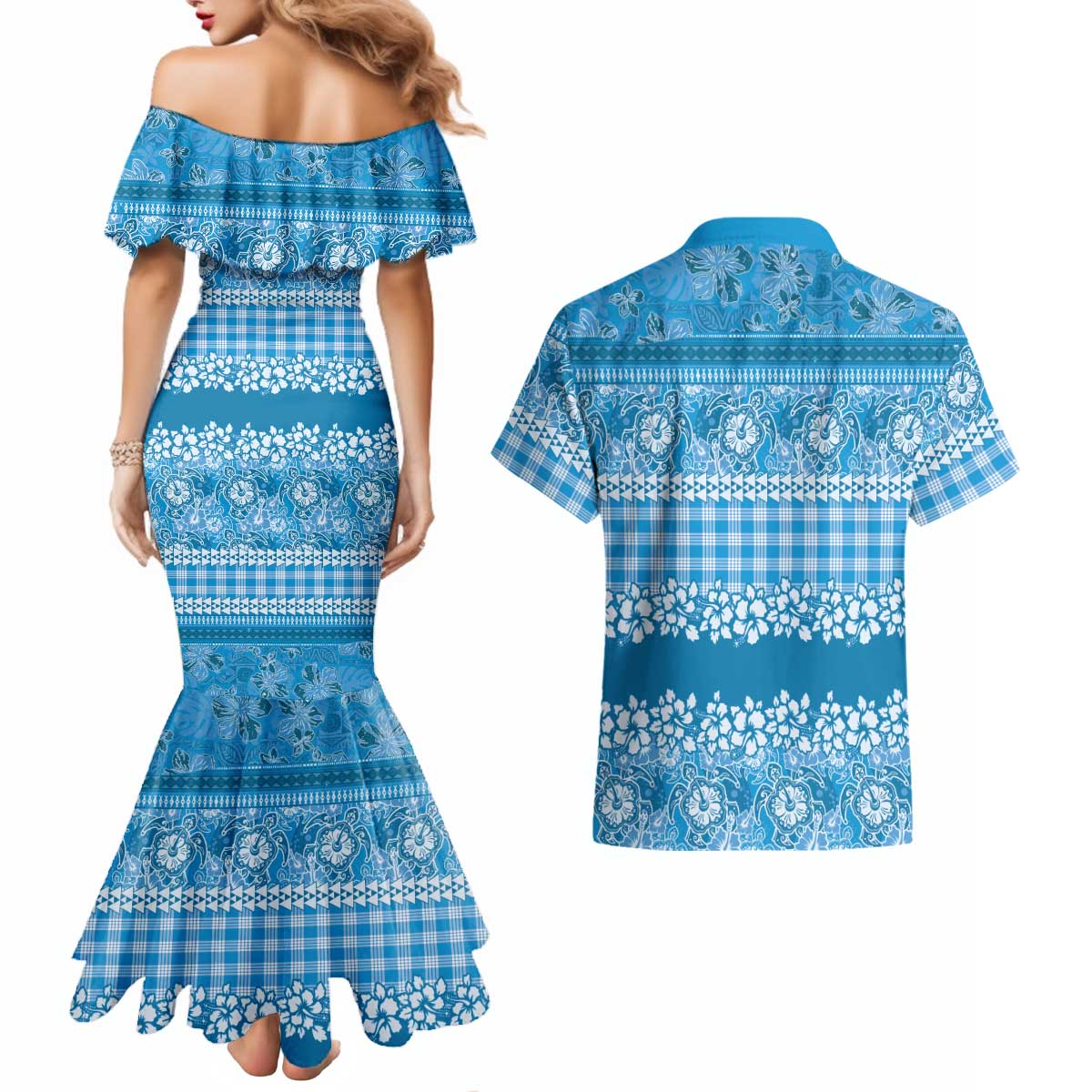 Hawaiian Hibiscus Honu Couples Matching Mermaid Dress and Hawaiian Shirt Blue Mele Kalikimaka Palaka Spirit LT9 - Polynesian Pride