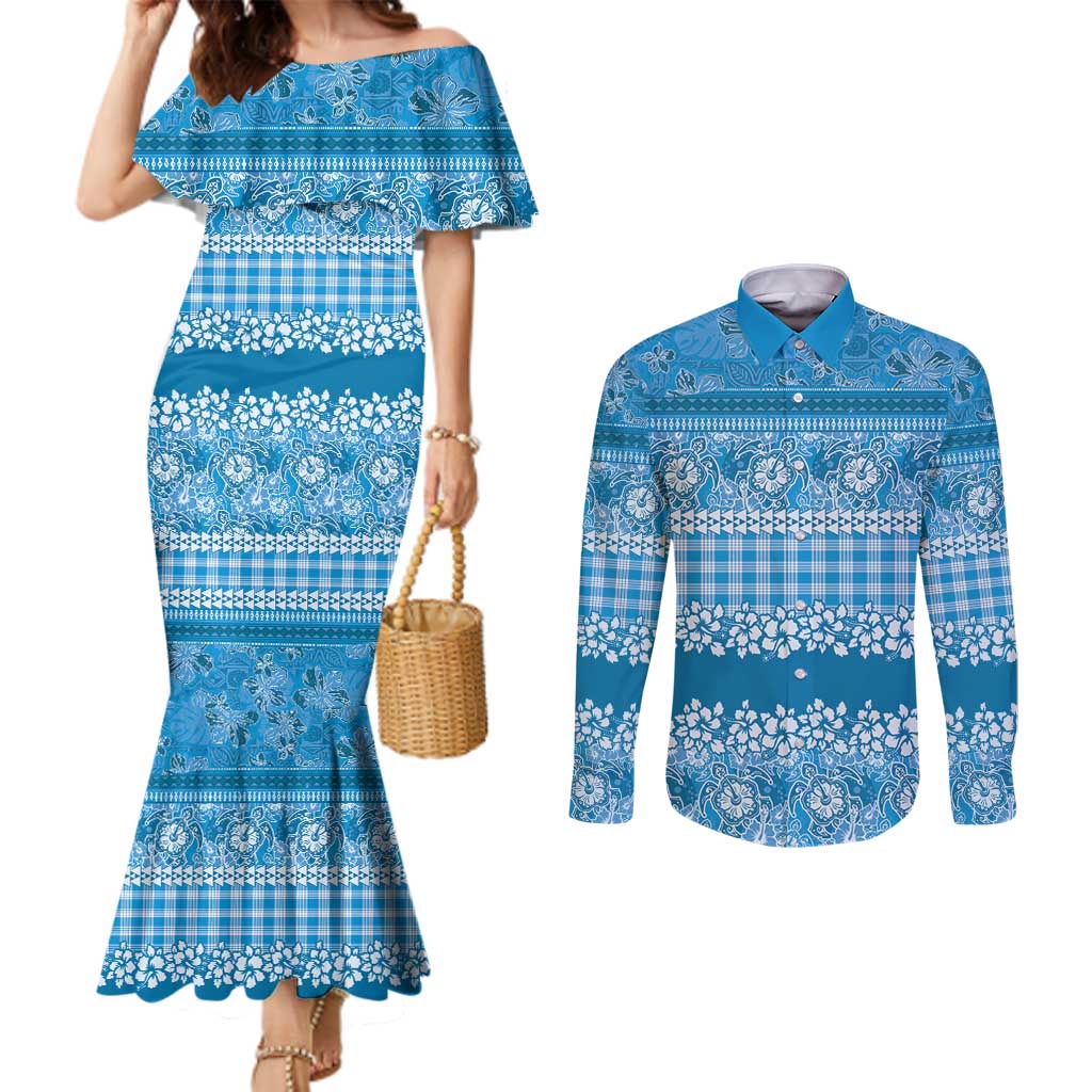 Hawaiian Hibiscus Honu Couples Matching Mermaid Dress and Long Sleeve Button Shirt Blue Mele Kalikimaka Palaka Spirit - Polynesian Pride