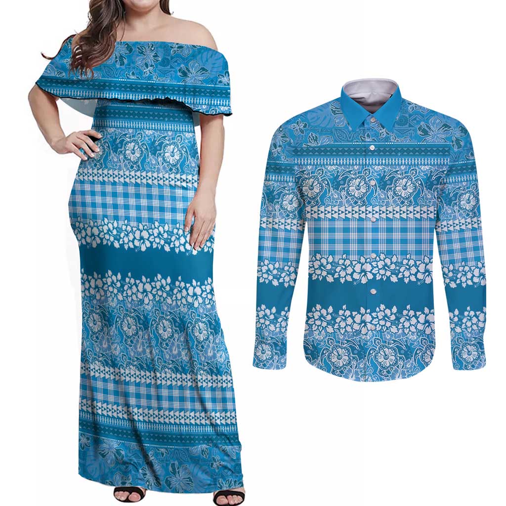 Hawaiian Hibiscus Honu Couples Matching Off Shoulder Maxi Dress and Long Sleeve Button Shirt Blue Mele Kalikimaka Palaka Spirit - Polynesian Pride