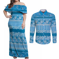 Hawaiian Hibiscus Honu Couples Matching Off Shoulder Maxi Dress and Long Sleeve Button Shirt Blue Mele Kalikimaka Palaka Spirit - Polynesian Pride