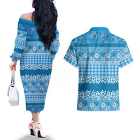 Hawaiian Hibiscus Honu Couples Matching Off The Shoulder Long Sleeve Dress and Hawaiian Shirt Blue Mele Kalikimaka Palaka Spirit LT9 - Polynesian Pride