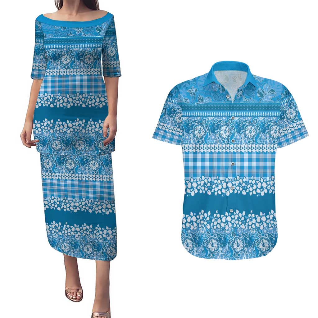 Hawaiian Hibiscus Honu Couples Matching Puletasi and Hawaiian Shirt Blue Mele Kalikimaka Palaka Spirit - Polynesian Pride