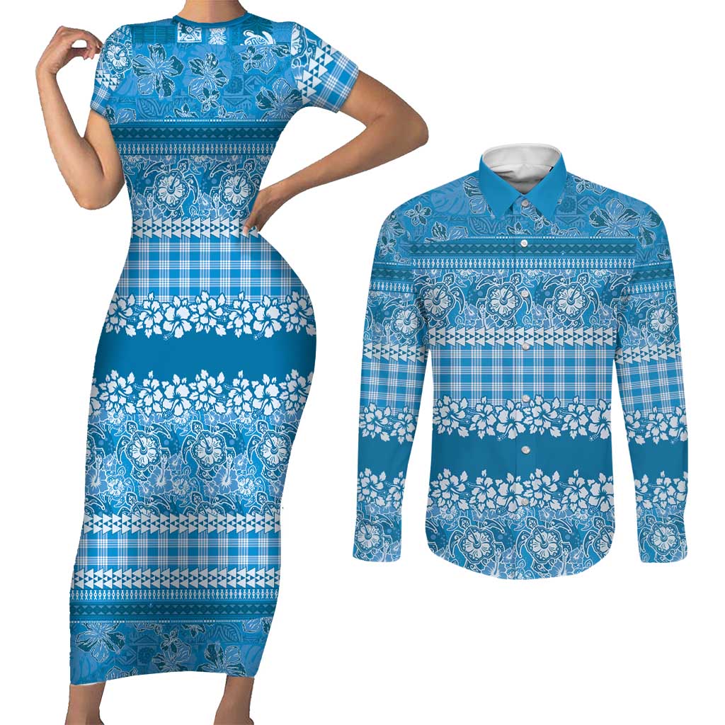 Hawaiian Hibiscus Honu Couples Matching Short Sleeve Bodycon Dress and Long Sleeve Button Shirt Blue Mele Kalikimaka Palaka Spirit - Polynesian Pride