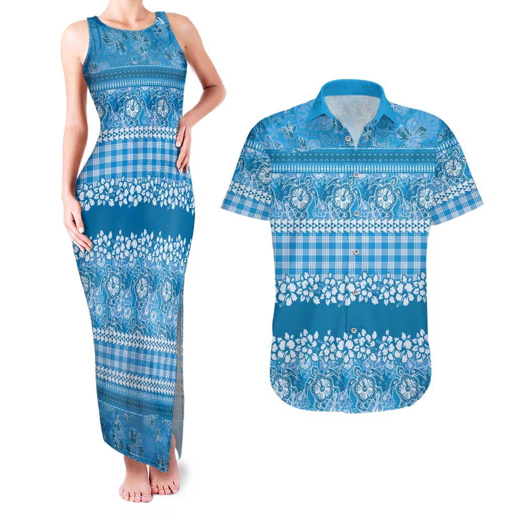 Hawaiian Hibiscus Honu Couples Matching Tank Maxi Dress and Hawaiian Shirt Blue Mele Kalikimaka Palaka Spirit - Polynesian Pride