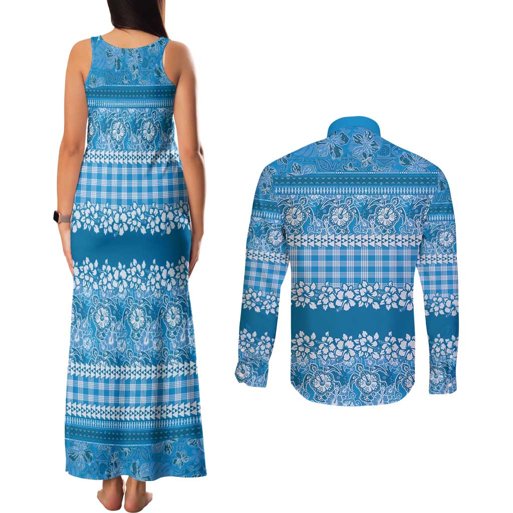 Hawaiian Hibiscus Honu Couples Matching Tank Maxi Dress and Long Sleeve Button Shirt Blue Mele Kalikimaka Palaka Spirit LT9 - Polynesian Pride