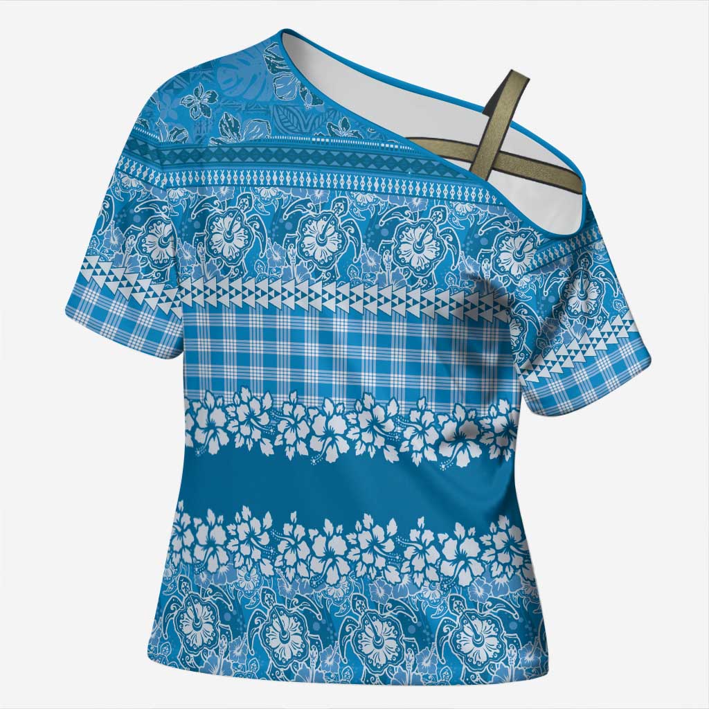 Hawaiian Hibiscus Honu Cross Shoulder Shirt Blue Mele Kalikimaka Palaka Spirit - Polynesian Pride