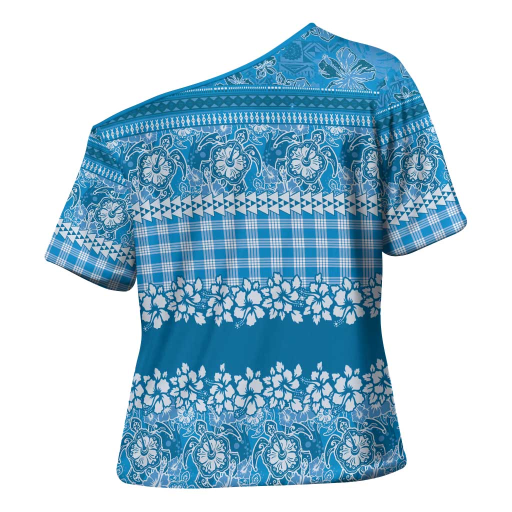 Hawaiian Hibiscus Honu Cross Shoulder Shirt Blue Mele Kalikimaka Palaka Spirit - Polynesian Pride