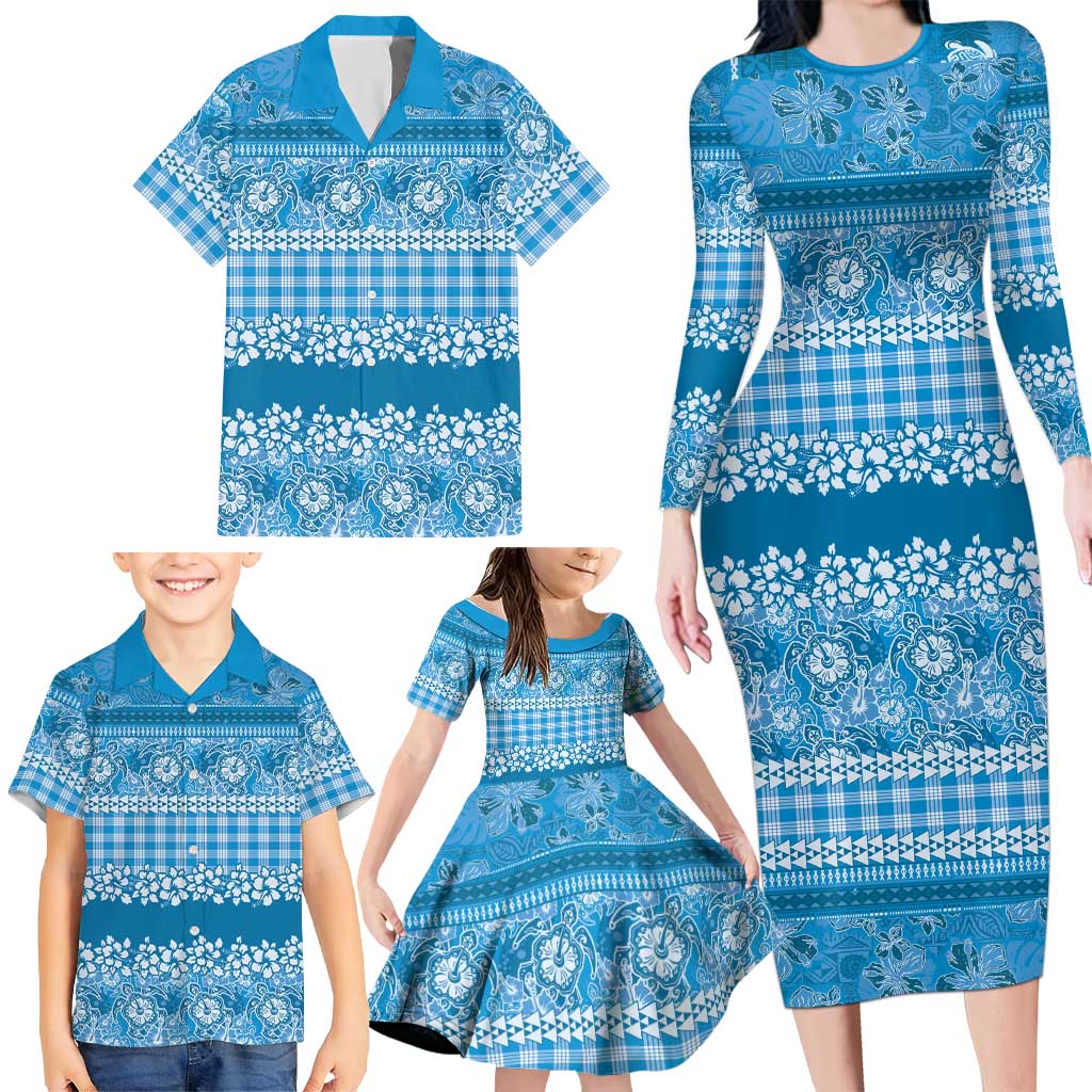 Hawaiian Hibiscus Honu Family Matching Long Sleeve Bodycon Dress and Hawaiian Shirt Blue Mele Kalikimaka Palaka Spirit - Polynesian Pride