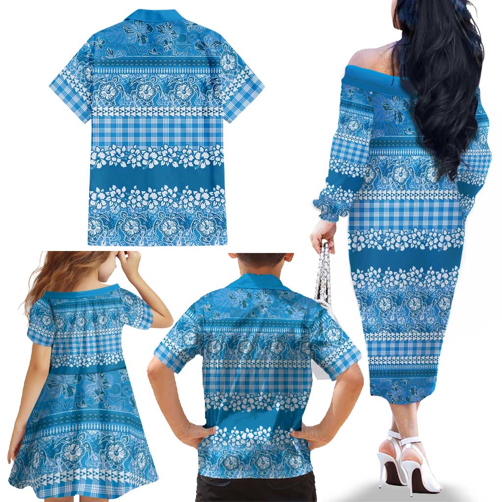 Hawaiian Hibiscus Honu Family Matching Off The Shoulder Long Sleeve Dress and Hawaiian Shirt Blue Mele Kalikimaka Palaka Spirit LT9 - Polynesian Pride