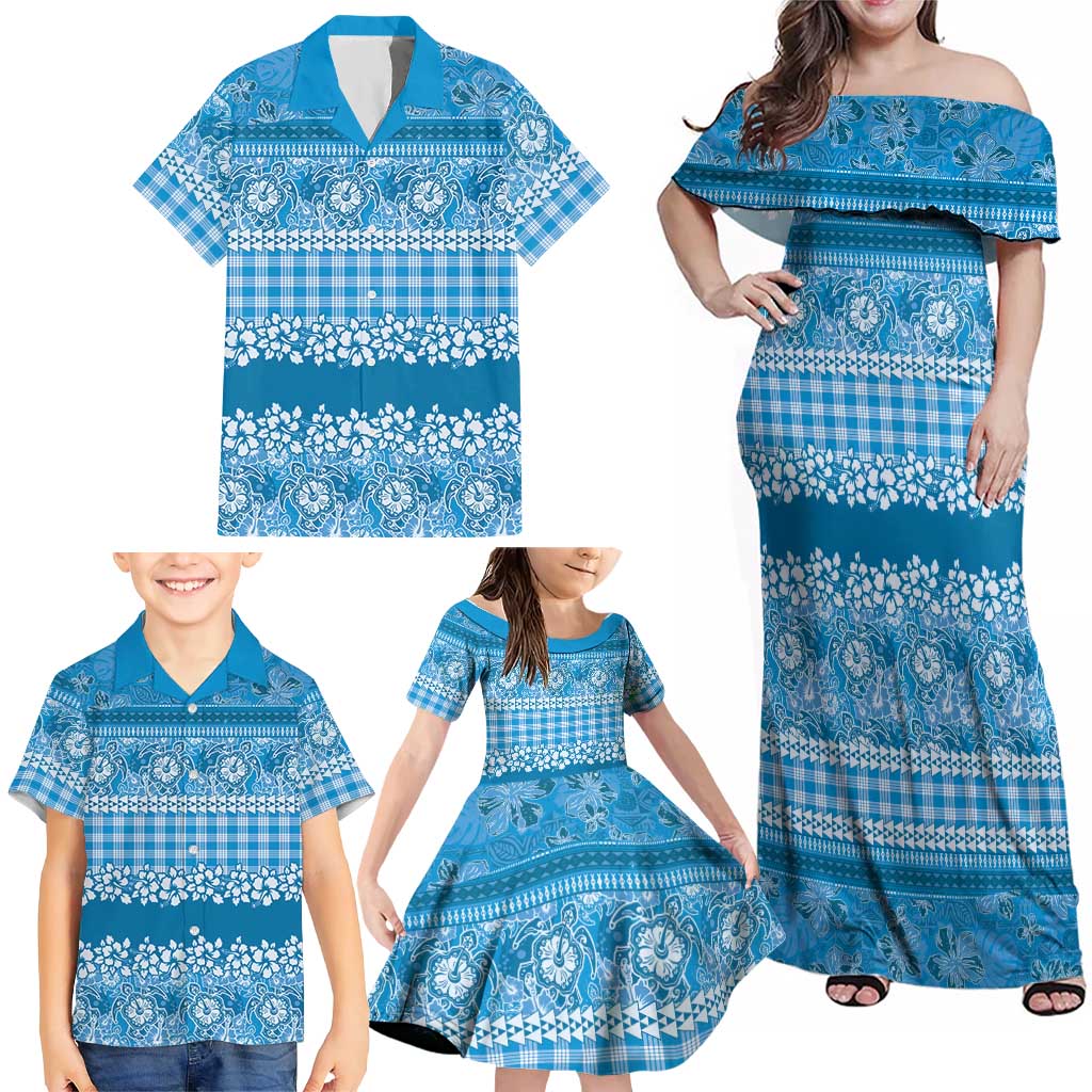 Hawaiian Hibiscus Honu Family Matching Off Shoulder Maxi Dress and Hawaiian Shirt Blue Mele Kalikimaka Palaka Spirit LT9 - Polynesian Pride