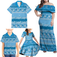 Hawaiian Hibiscus Honu Family Matching Off Shoulder Maxi Dress and Hawaiian Shirt Blue Mele Kalikimaka Palaka Spirit LT9 - Polynesian Pride