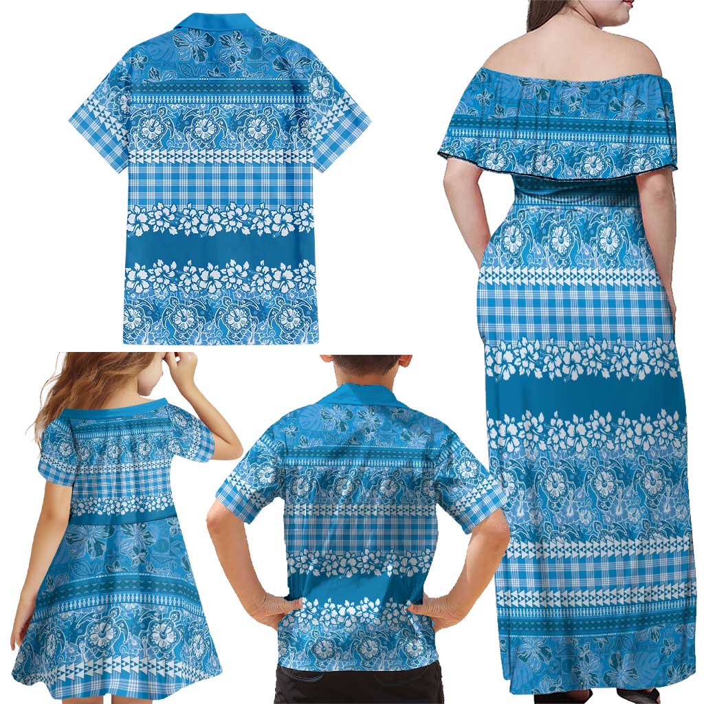 Hawaiian Hibiscus Honu Family Matching Off Shoulder Maxi Dress and Hawaiian Shirt Blue Mele Kalikimaka Palaka Spirit LT9 - Polynesian Pride