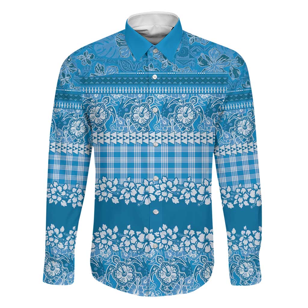 Hawaiian Hibiscus Honu Family Matching Off Shoulder Maxi Dress and Hawaiian Shirt Blue Mele Kalikimaka Palaka Spirit LT9 Dad's Shirt - Long Sleeve Blue - Polynesian Pride