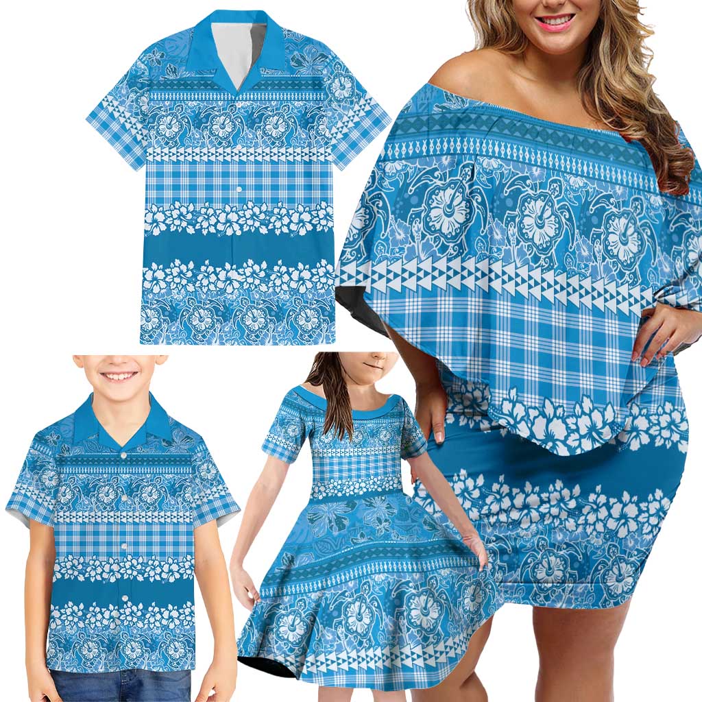 Hawaiian Hibiscus Honu Family Matching Off Shoulder Short Dress and Hawaiian Shirt Blue Mele Kalikimaka Palaka Spirit - Polynesian Pride