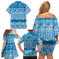 Hawaiian Hibiscus Honu Family Matching Off Shoulder Short Dress and Hawaiian Shirt Blue Mele Kalikimaka Palaka Spirit LT9 - Polynesian Pride
