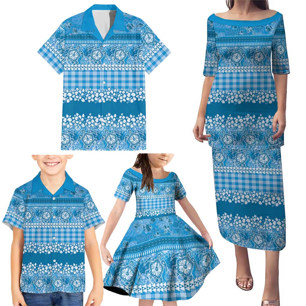 Hawaiian Hibiscus Honu Family Matching Puletasi and Hawaiian Shirt Blue Mele Kalikimaka Palaka Spirit LT9 - Polynesian Pride