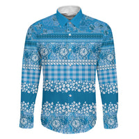 Hawaiian Hibiscus Honu Family Matching Short Sleeve Bodycon Dress and Hawaiian Shirt Blue Mele Kalikimaka Palaka Spirit LT9 Dad's Shirt - Long Sleeve Blue - Polynesian Pride