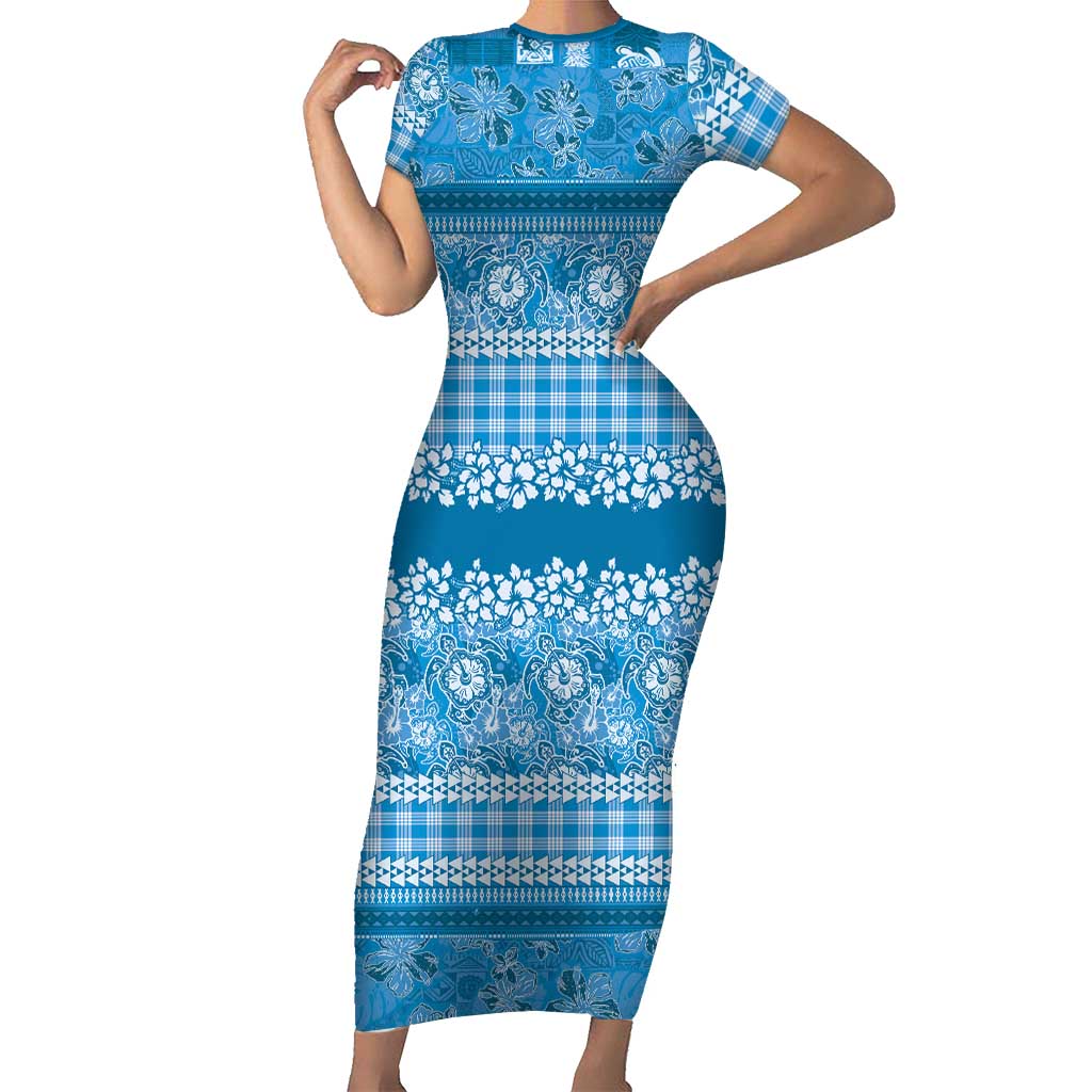 Hawaiian Hibiscus Honu Family Matching Short Sleeve Bodycon Dress and Hawaiian Shirt Blue Mele Kalikimaka Palaka Spirit LT9 Blue - Polynesian Pride