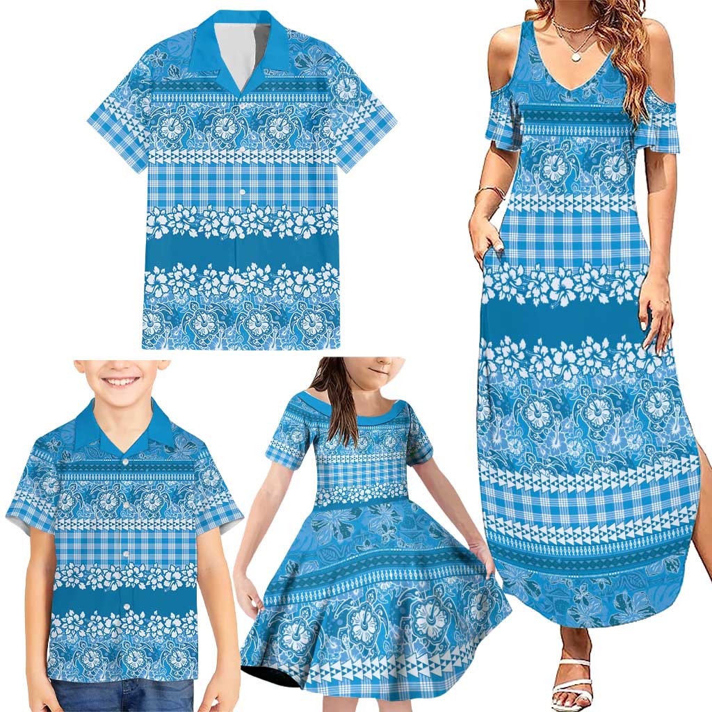 Hawaiian Hibiscus Honu Family Matching Summer Maxi Dress and Hawaiian Shirt Blue Mele Kalikimaka Palaka Spirit - Polynesian Pride