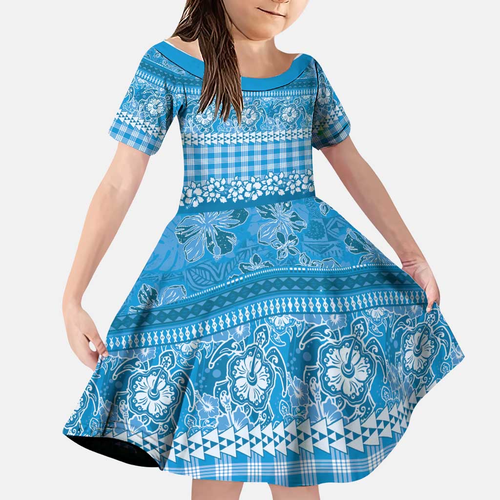 Hawaiian Hibiscus Honu Family Matching Tank Maxi Dress and Hawaiian Shirt Blue Mele Kalikimaka Palaka Spirit LT9 Daughter's Dress Blue - Polynesian Pride