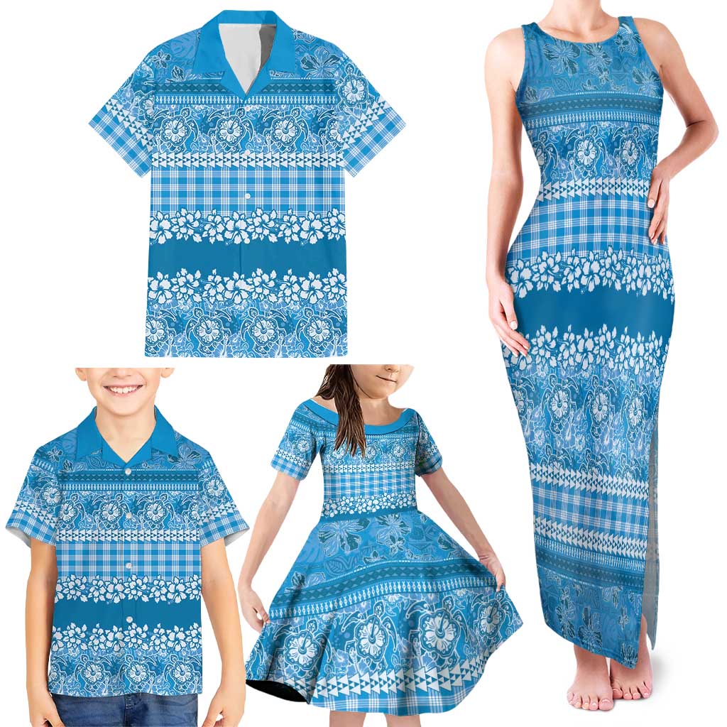 Hawaiian Hibiscus Honu Family Matching Tank Maxi Dress and Hawaiian Shirt Blue Mele Kalikimaka Palaka Spirit - Polynesian Pride