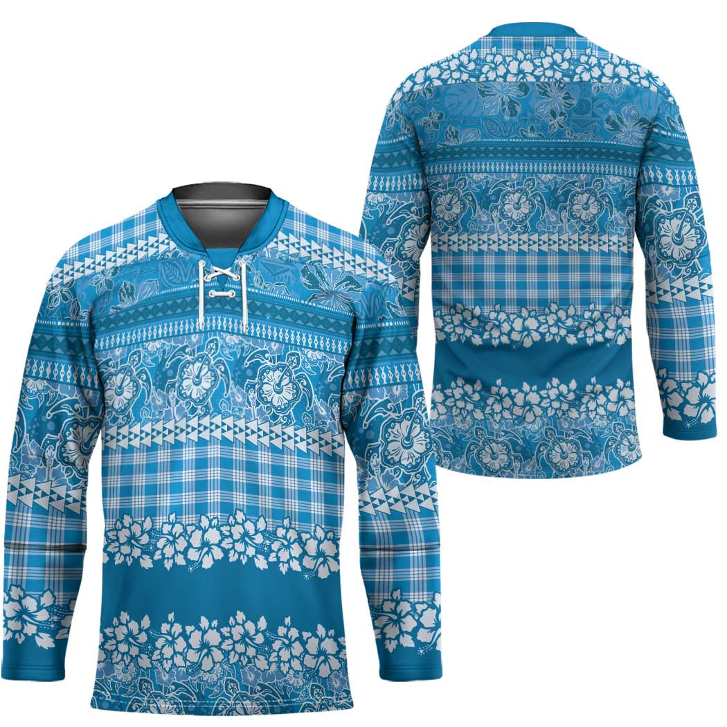 Hawaiian Hibiscus Honu Hockey Jersey Blue Mele Kalikimaka Palaka Spirit - Polynesian Pride