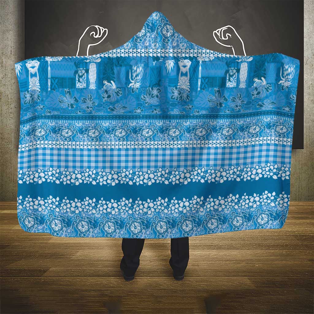 Hawaiian Hibiscus Honu Hooded Blanket Blue Mele Kalikimaka Palaka Spirit - Polynesian Pride