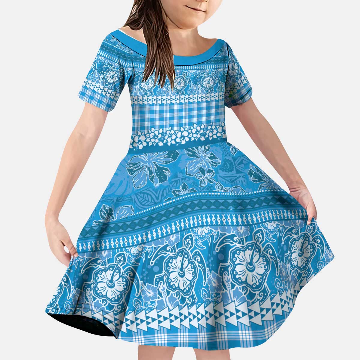 Hawaiian Hibiscus Honu Kid Short Sleeve Dress Blue Mele Kalikimaka Palaka Spirit - Polynesian Pride
