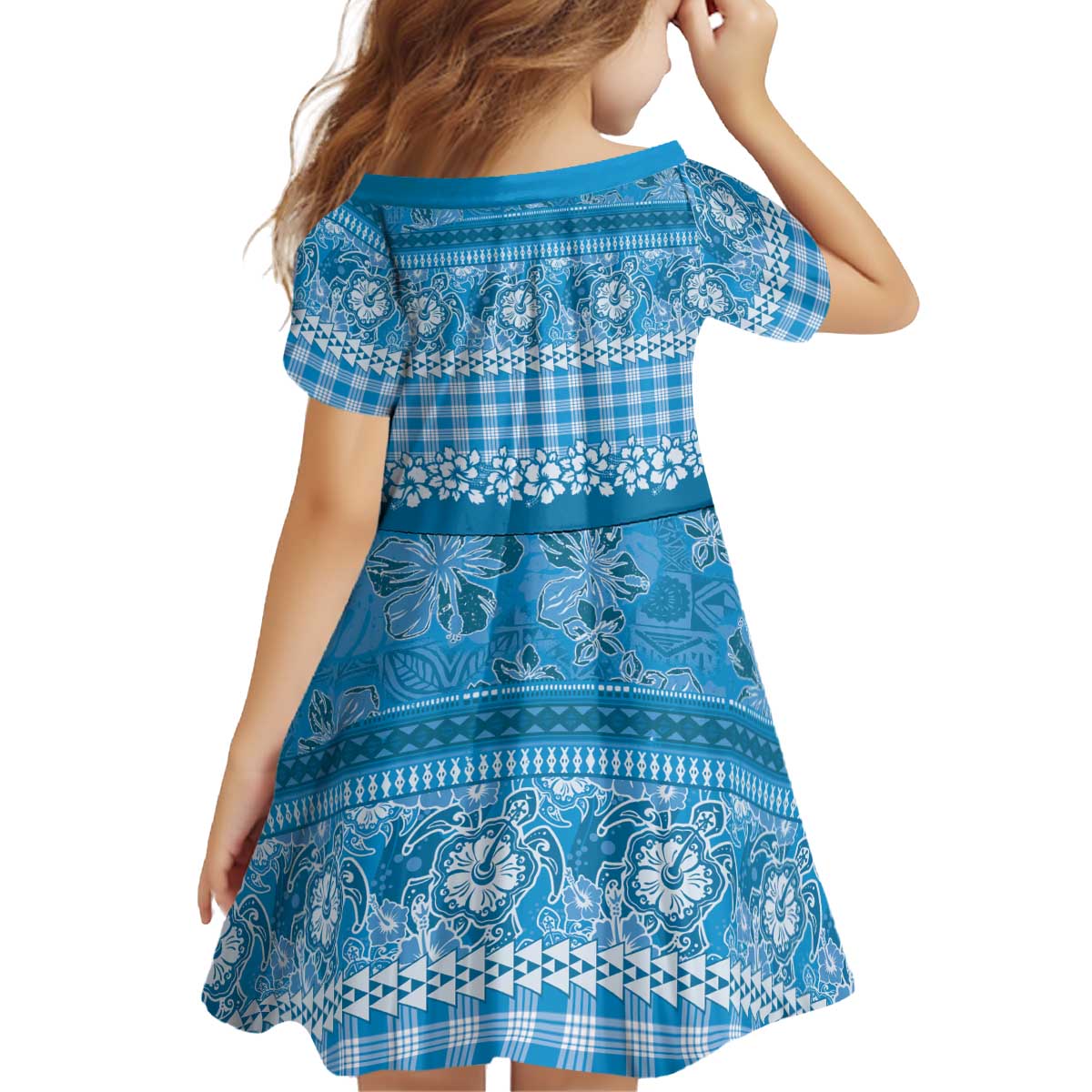 Hawaiian Hibiscus Honu Kid Short Sleeve Dress Blue Mele Kalikimaka Palaka Spirit - Polynesian Pride