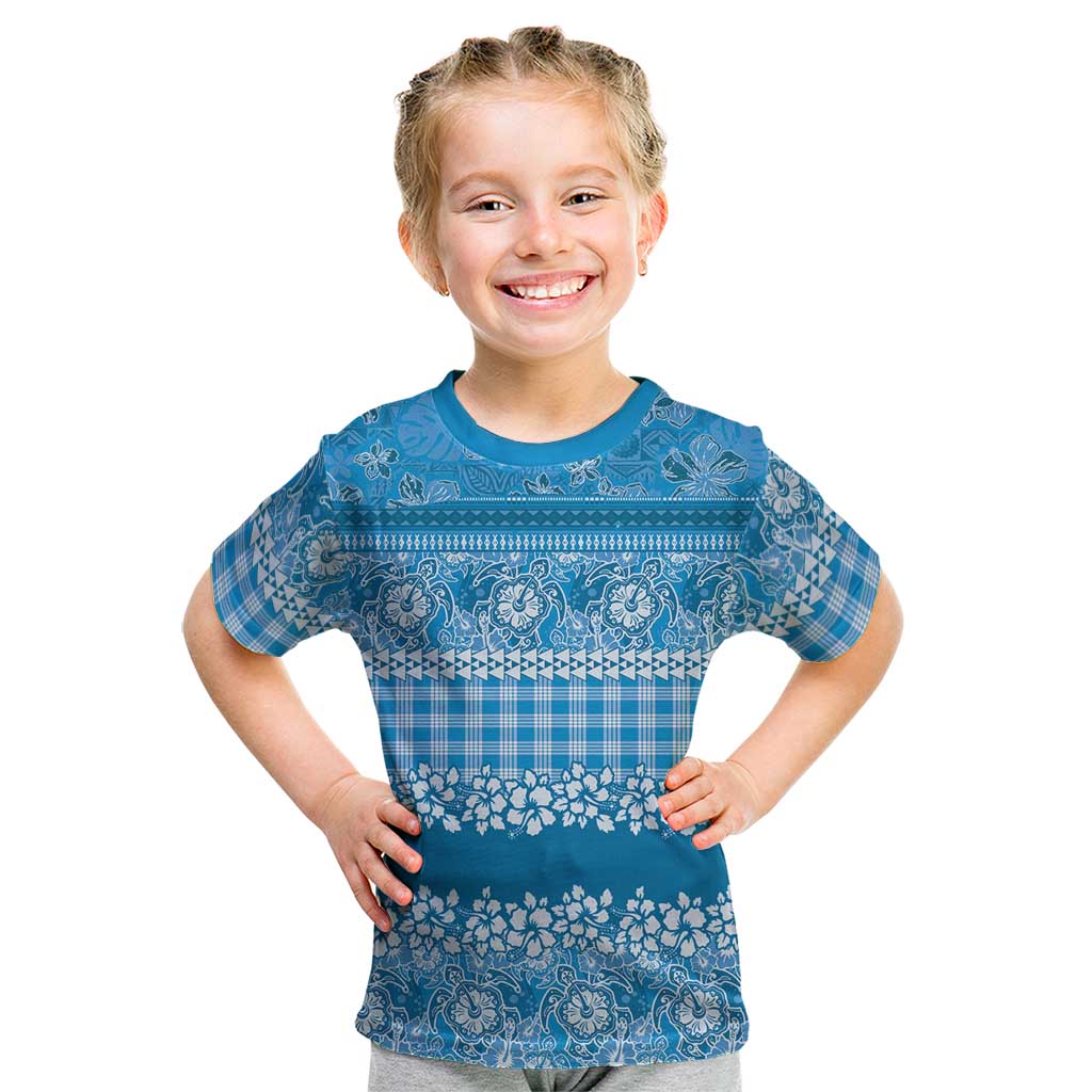 Hawaiian Hibiscus Honu Kid T Shirt Blue Mele Kalikimaka Palaka Spirit - Polynesian Pride