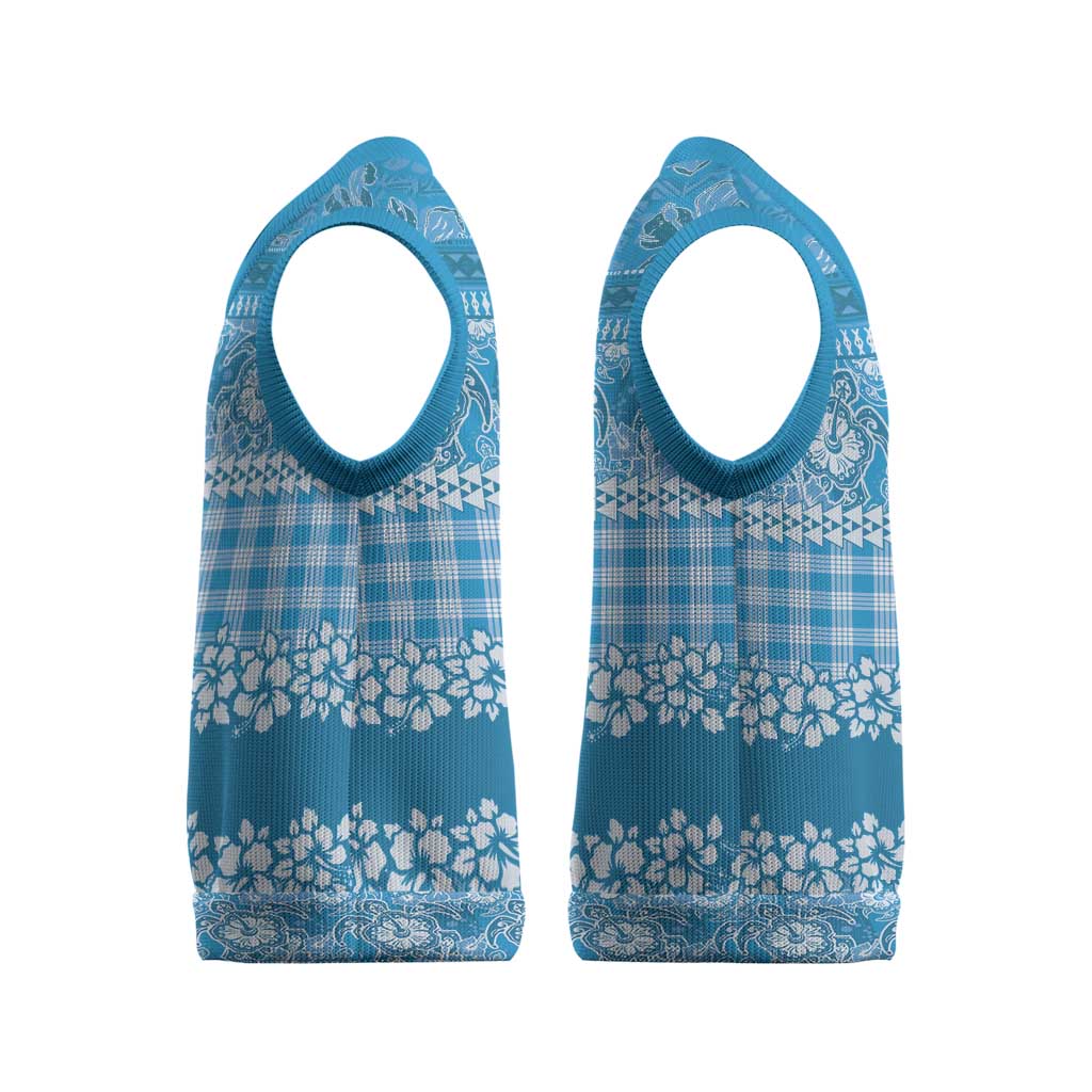 Hawaiian Hibiscus Honu Christmas Knitted V-Neck Vest Blue Mele Kalikimaka Palaka Spirit - Polynesian Pride