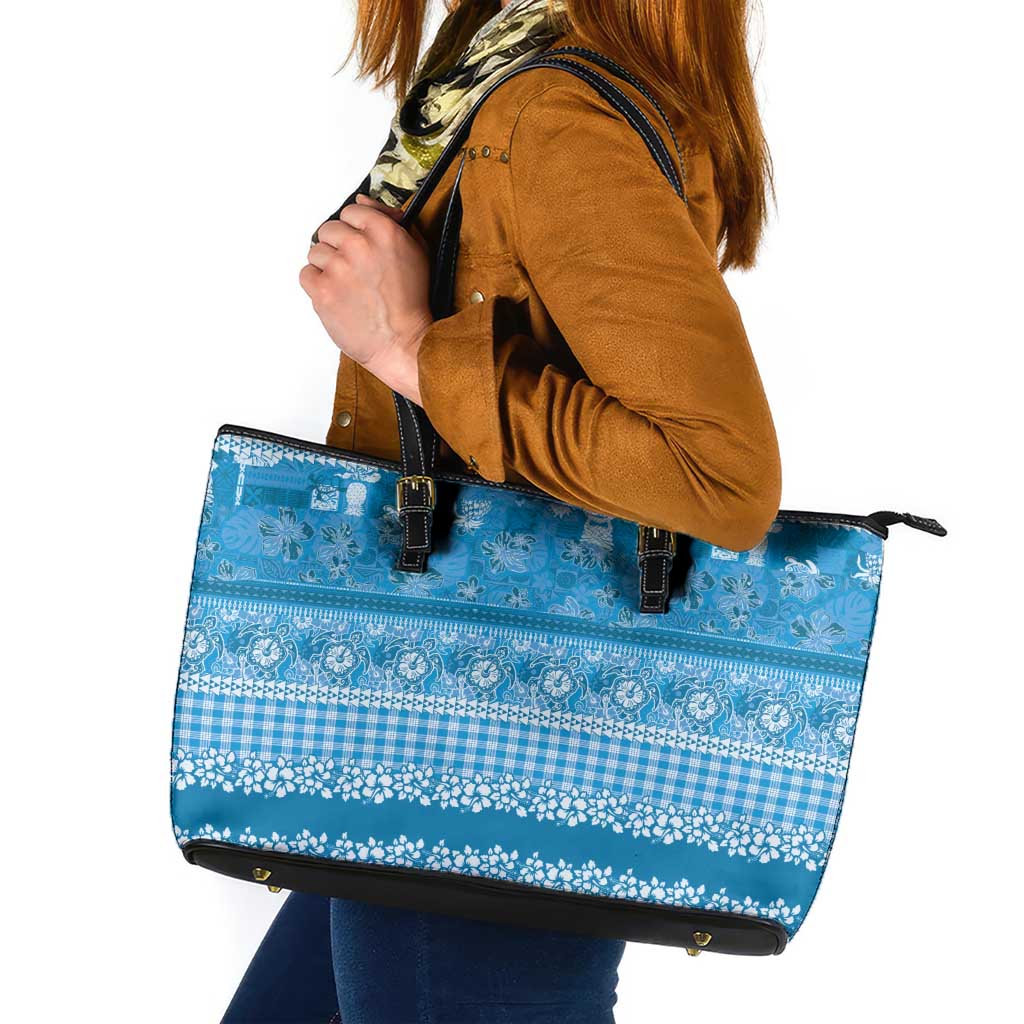 Hawaiian Hibiscus Honu Leather Tote Bag Blue Mele Kalikimaka Palaka Spirit - Polynesian Pride